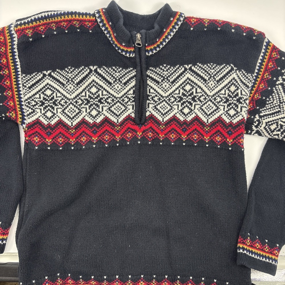 Hanna Anderson Youth Sz 10 1/4 Zip Sweater Black W/ Fair Isle Pattern